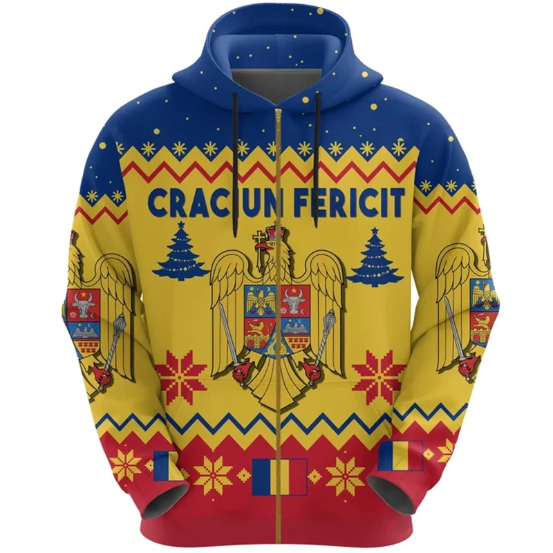 Romania Flag Graphic Zipper Pullovers For Men Romanian Emblem 3D Printed Hoodies Fashion Loose Street Long Sleeve Sweatshirts