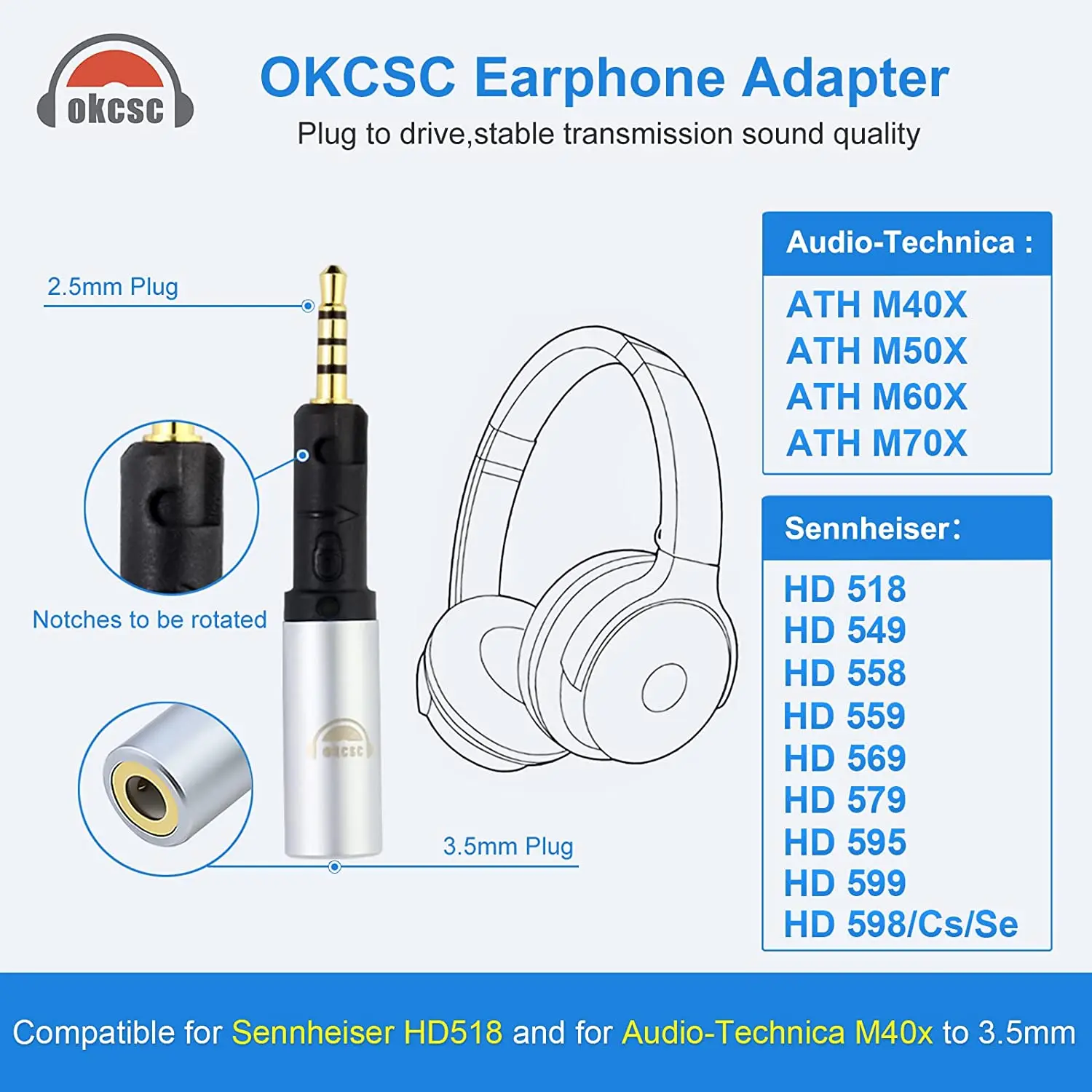 okcsc Audio Adapter for Technica ATH-M60X ATH-M70X Sennheiser HD599 HD595 Headphones to 3.5mm Cable 2.5mm to 3.5mm Converter