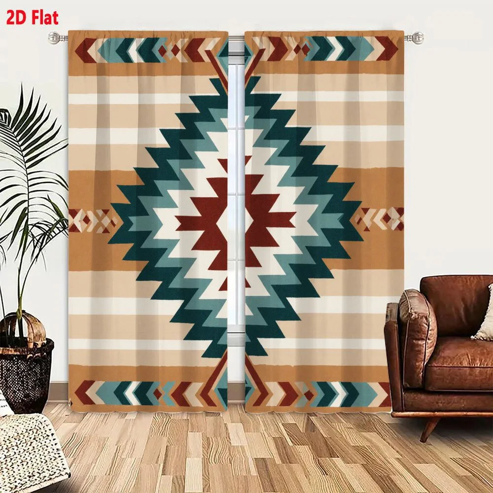 2Pcs Curtains 2D Flat Symmetrical Geometric Pattern Inspired by Native American Southwestern Textiles with Earthy Tones Maroon T