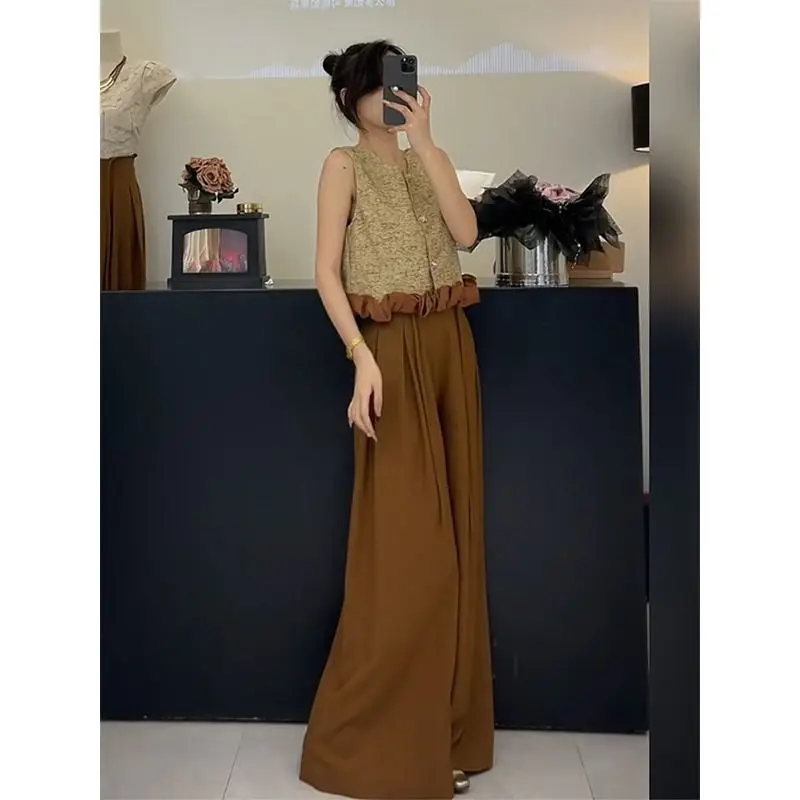 

New Korean Fashionable Style Temperature High-end Advanced Sleeveless Top and Wide-leg Pants Two Piece Sets Womens Outifits