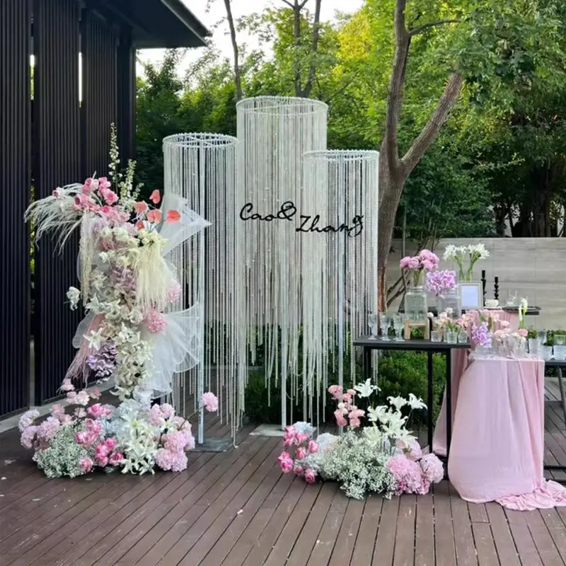 3Sets Metal Rack Hanging Decoration with Pearls And Bead Curtains for Wedding Ceiling Birthday Stage Hall Backdrops Prop Display