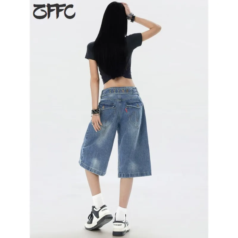 Women's American Vintage Denim Shorts 2026 Summer New High Waist Washed Loose Wide Leg Casual 7-Point Pants