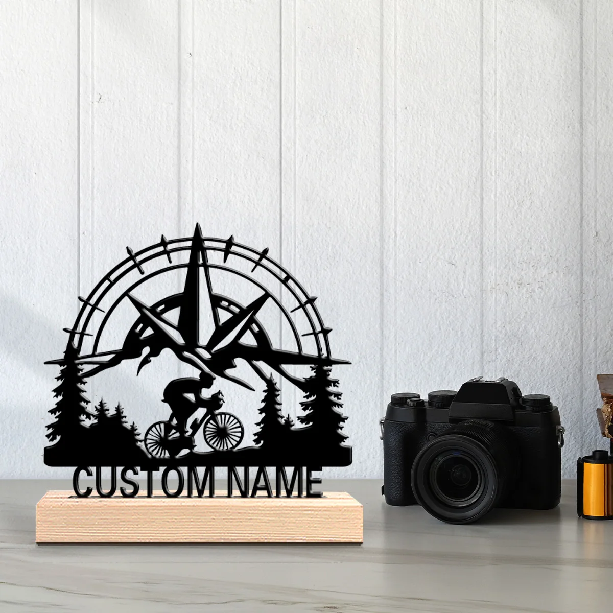 1pc Creative Compass Trip Personalized Letter Metal Statue Handicraft With Wood Base Iron Statue With Wood BaseFor Home Decor