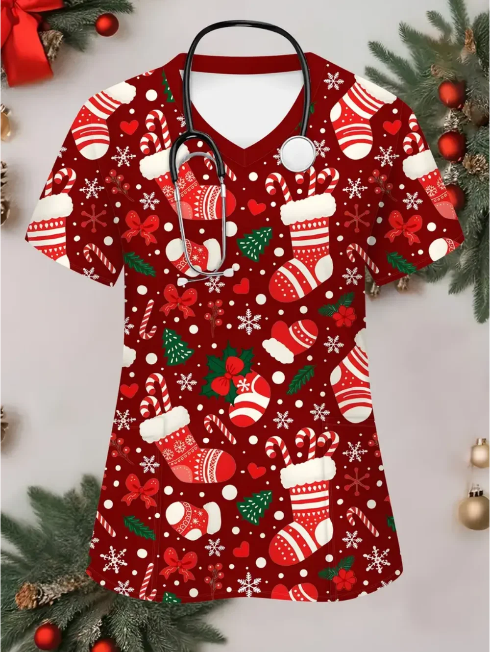 

Clinical Uniforms Woman Christmas Series Print Comfortable Veterinary Short Sleeve Nurse Quick-Dry Fashion Nurse Uniform Woman
