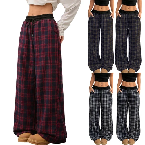 Imagen 2 del producto Pantalones de pierna a cuadros de pierna ancha sueltos de secado rápido para mujer, pantalones deportivos informales de Color sólido Retro de estilo perezoso a la moda