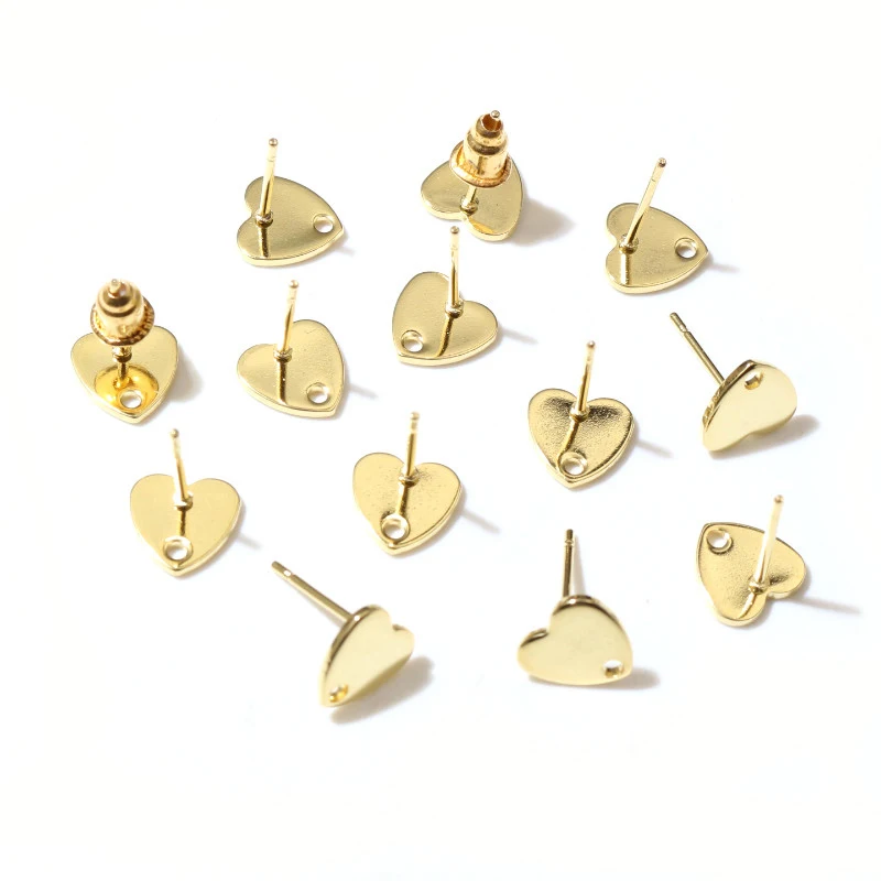 20pcs 8mm Heart 316 Stainless Steel Gold Plated Pin Findings Stud Earring With Hole Connector For DIY Jewelry Making Supplies