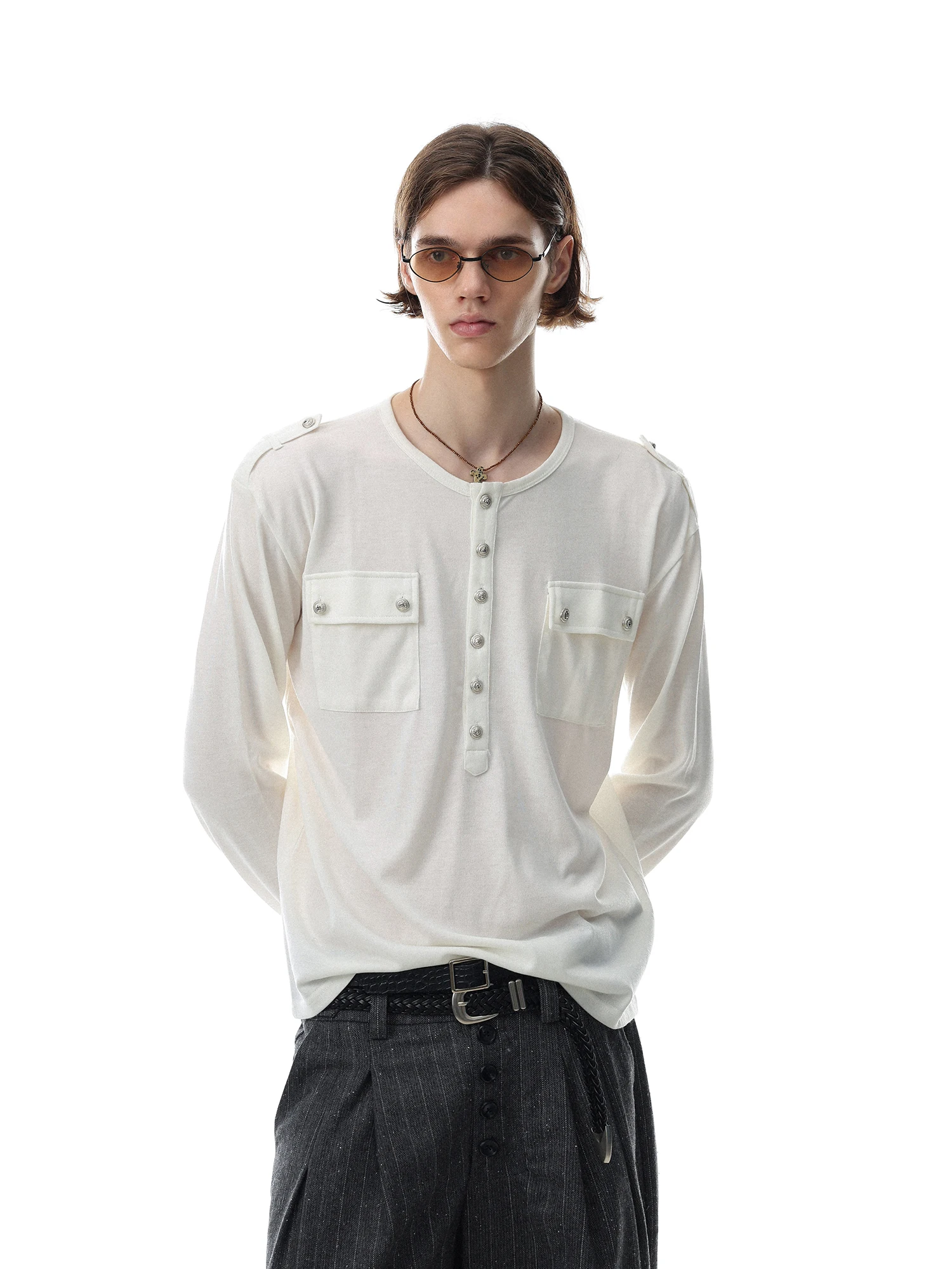 MRNEARLY American Retro Design Henry Collar Long Sleeve T-Shirt Unisex High-End Casual Versatile Top Breathable Comfortable