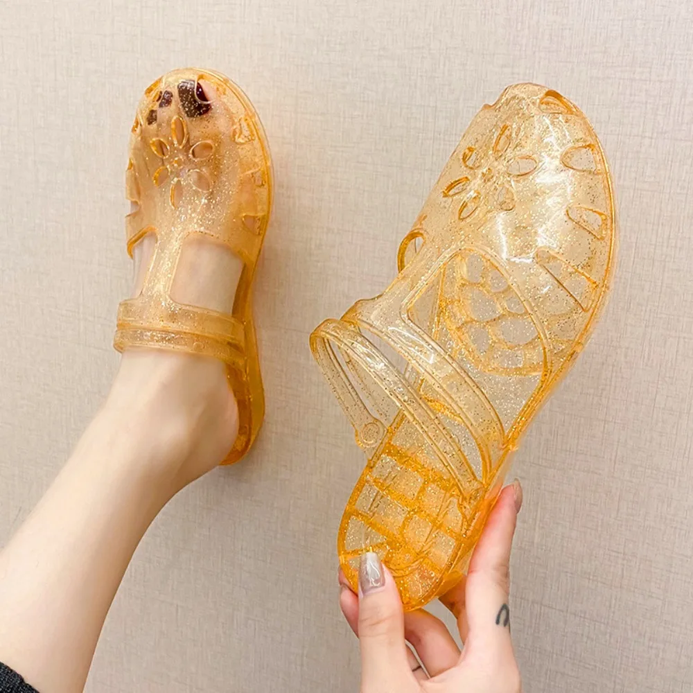 โปร่งใส PVC คริสตัลรองเท้าแตะดอกไม้ Hollow COVER Toe รองเท้าแตะ Anti SLIP Beachwear รองเท้ารองเท้าแตะผู้หญิงในร่ม