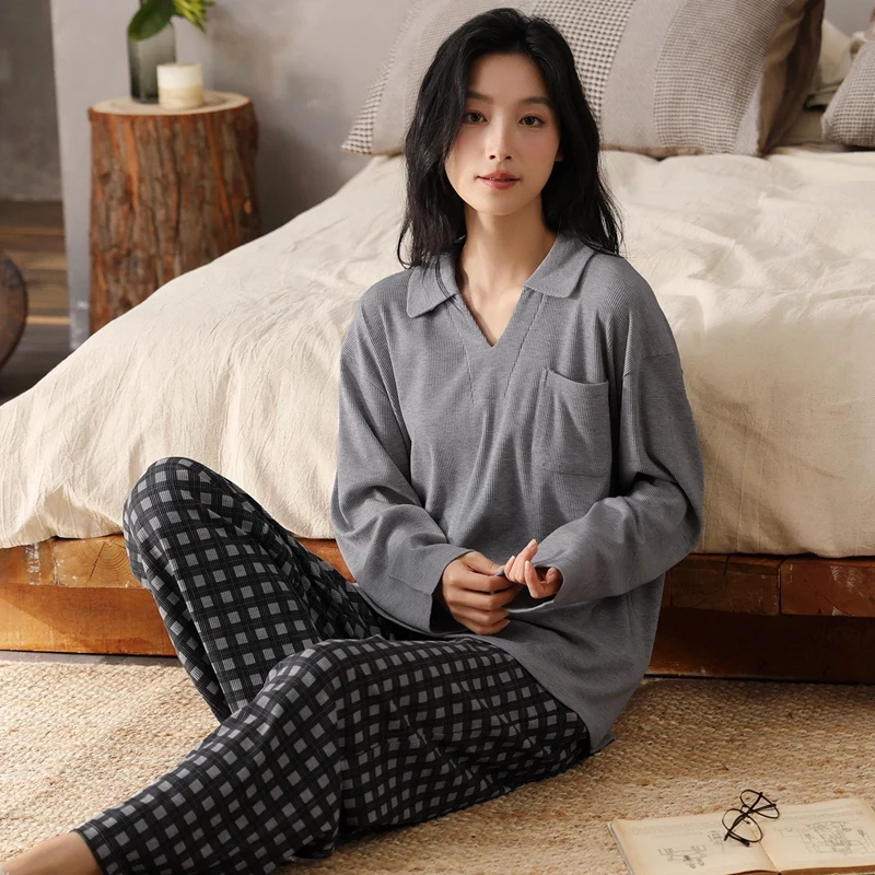 أطقم بيجامات قطنية مشروط جديدة لخريف 2025 بأكمام طويلة ورقبة على شكل حرف v للنساء ملابس نوم كورية بيجامة ملابس منزلية بيجاما موهير ملابس منزلية #1