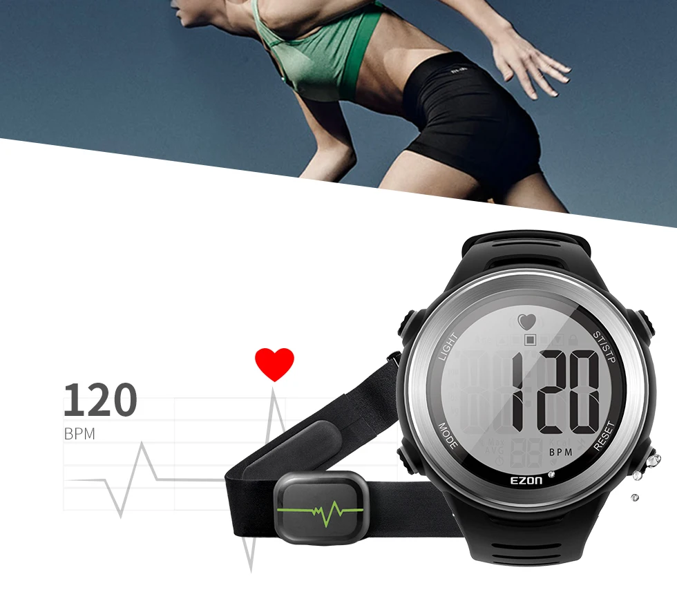 EZON New Fashion Heart Rate Monitor Digital Watch Alarm Stopwatch Men Women Outdoor Running Sports Watches with Chest Strap T007