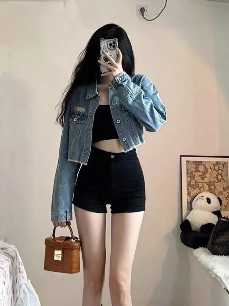 

Джинсовые шорты с высокой талией для женщин, летние, новые, больших размеров, стройнящие, А-силуэт, юбка-шорты, из хлопка, стрейч, черные, облегающие