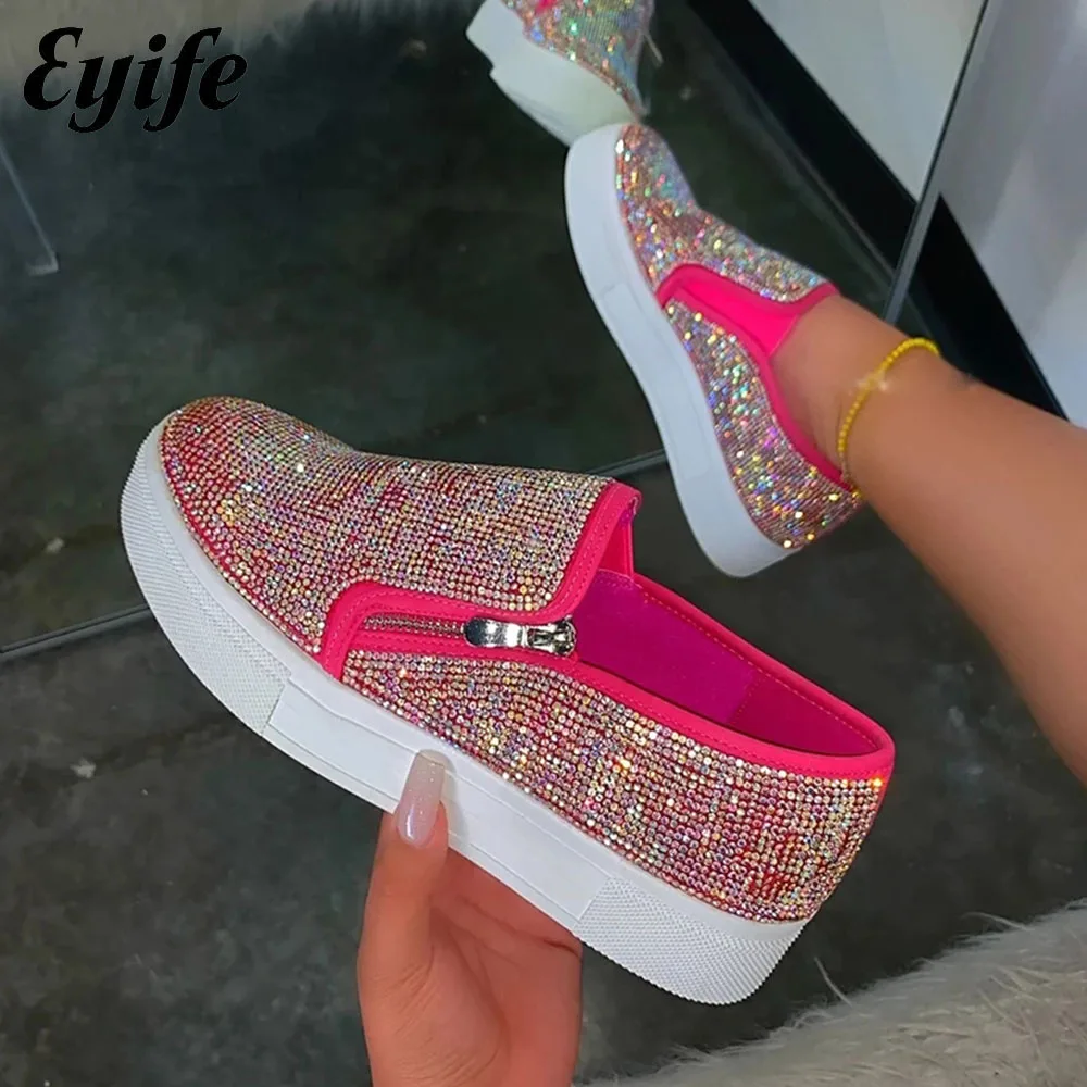 Women\'s Rhinestone Sneakers 2024 Spring Fashion Zipper Slip On Lady Running Shoes Outdoor Breathable Female Comfortable Loafer