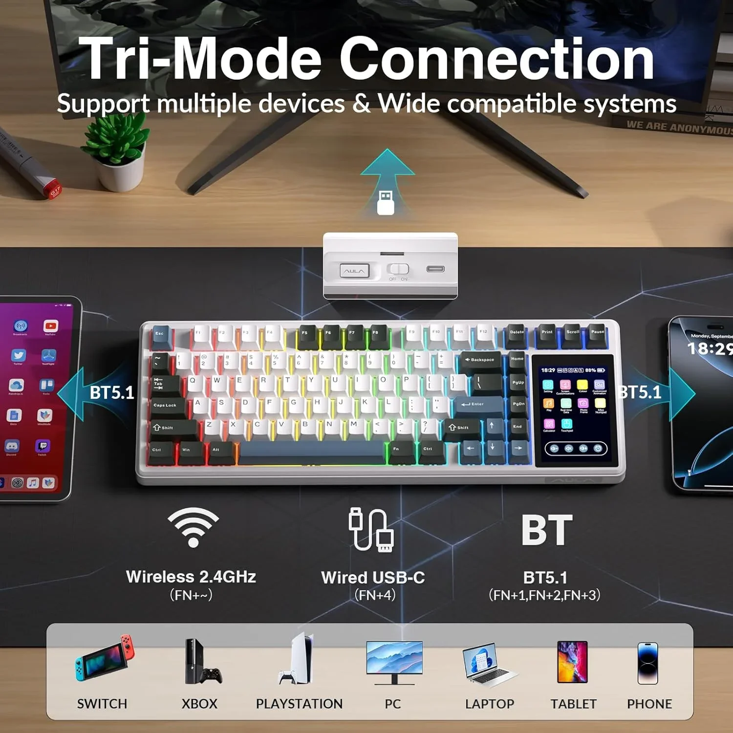 AULA L99 Intelligent Screen Mechanical Keyboard BT Wired Wireless Tri-mode Night Gaming Laptop Keyboard 8000mAh Raindrop Switch