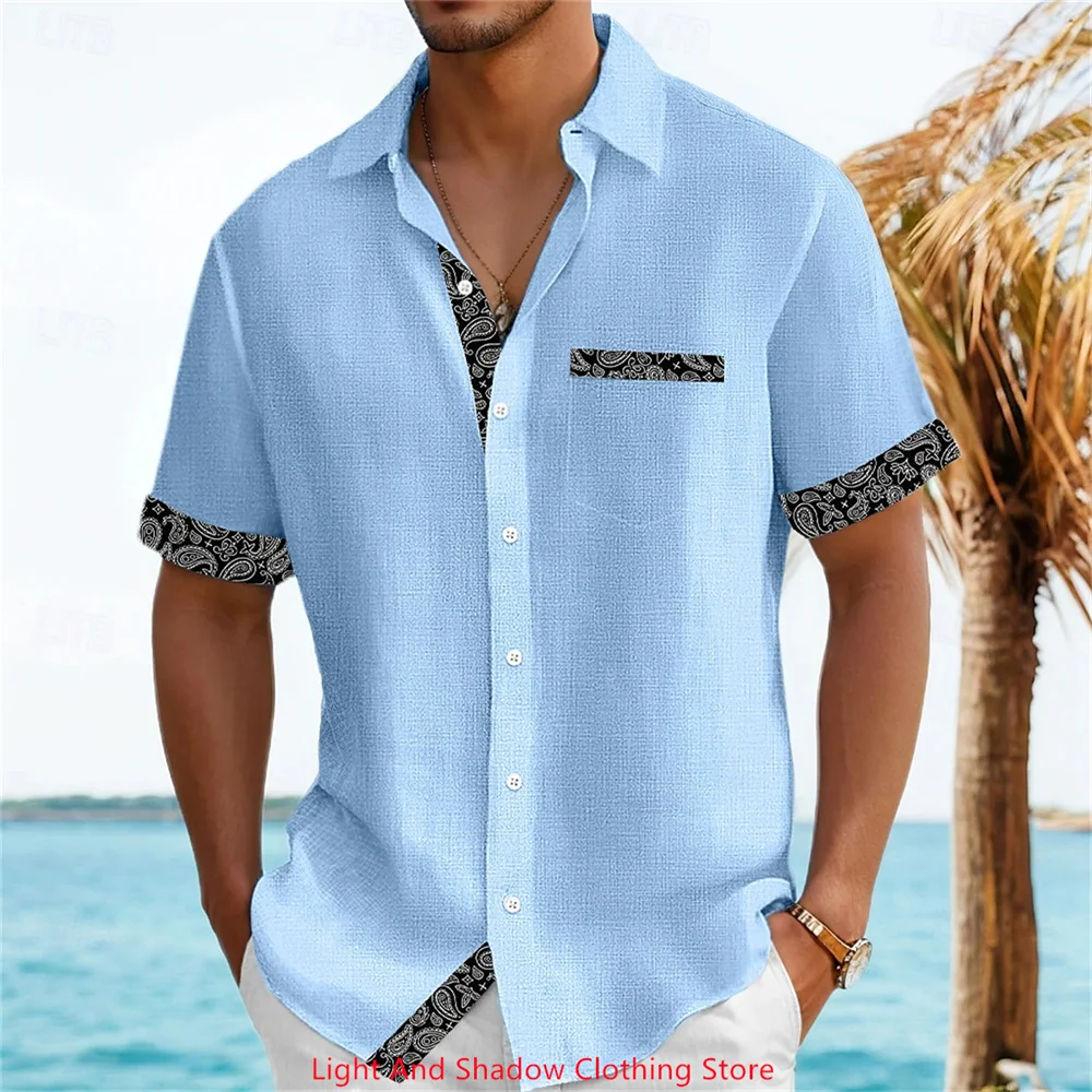 Men's New Linen Short Sleeved Shirt Fashionable Hawaiian Vacation Casual Men's Patchwork Printed Pocket Lapel Button Shirt