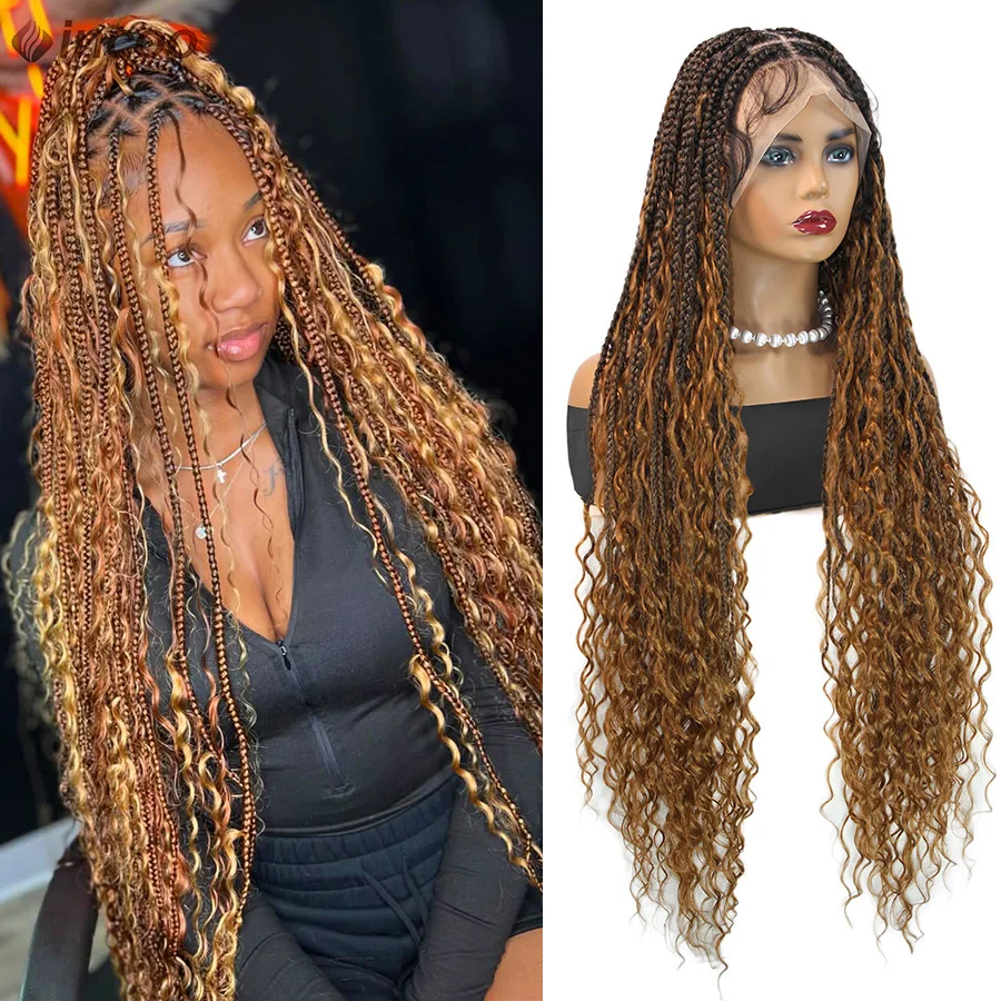 Boho Braided Wigs 36Inch Full Lace Wig Synthetic Cornrows Box Braids Blonde Goddess Braided Wigs With Curly Hair For Black Women