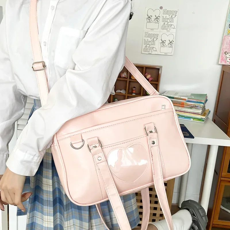 Damen JK Schulhandtasche, große Kapazität, PU, Anime-Umhängetasche, transparente Schultertasche mit Liebesherz-Motiv, Uniform-Tasche zum Einkaufen und Pendeln