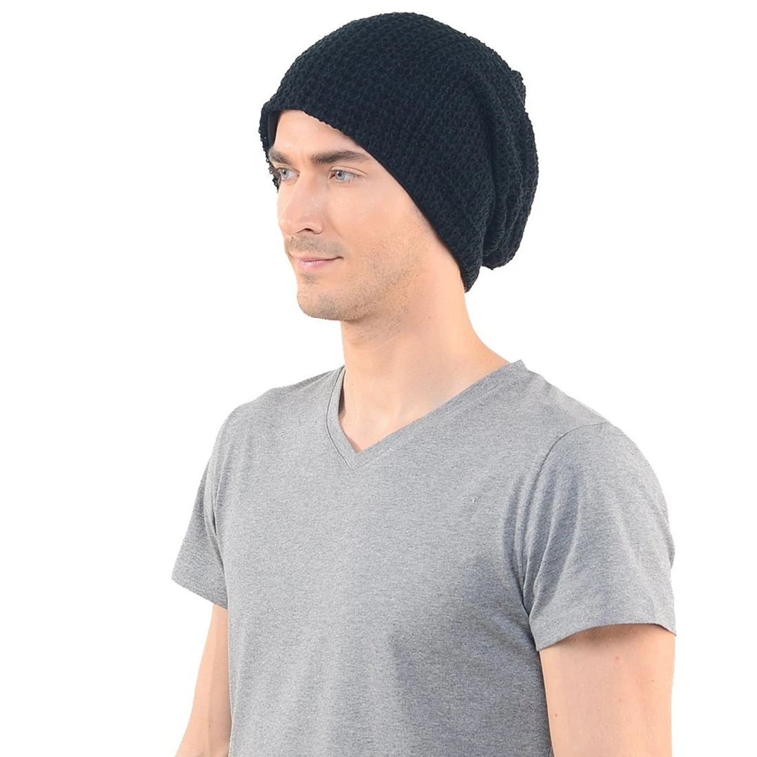 Gorro largo holgado para hombre, gorro de punto para verano e invierno, negro de gran tamaño