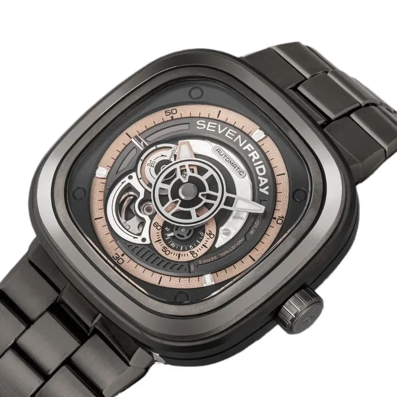 SEVENFRIDAY P series fully automatic hollow mechanical watch men light luxury square watch P2C/01M steel belt model sevenfridays