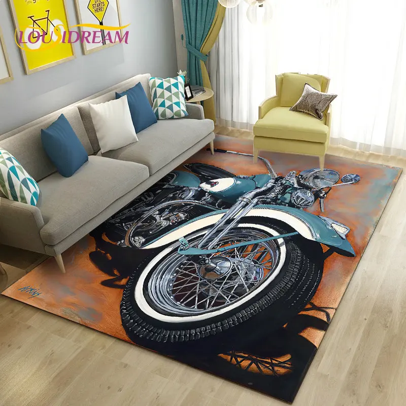 3D Retro Vintage Motorcycle Area Rug Large,Carpet Rug for Living Room Bedroom Sofa Decoration,Doormat Kitchen Non-slip Floor Mat