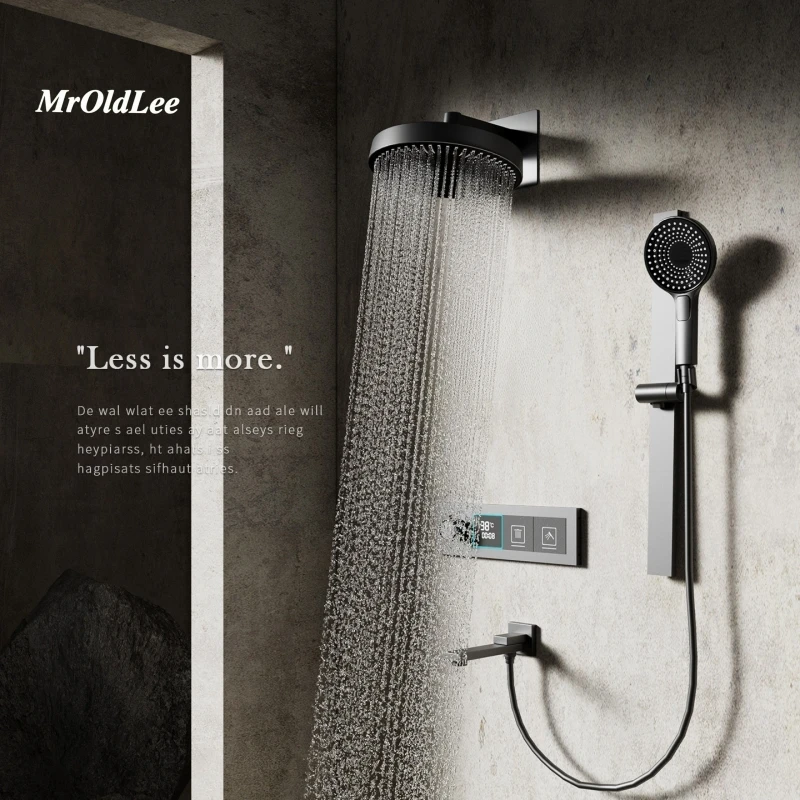 Luxury Rainfall Shower Set System Wall Mounted Brass Thermostatic Hot & Cold Shower Black LED Digital Display for Bathroom Home