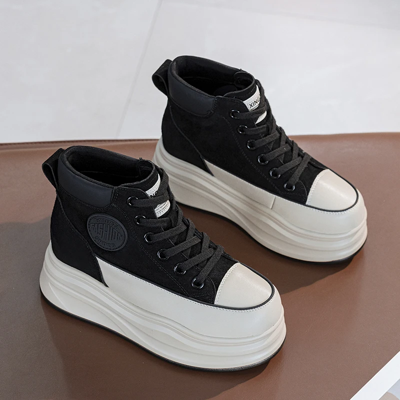 8 سنتيمتر منصة أحذية رياضية للنساء عالية أعلى أحذية إسفين كعب حذاء من الجلد النساء حذاء كاجوال أحذية رياضية سوداء أحذية مشي