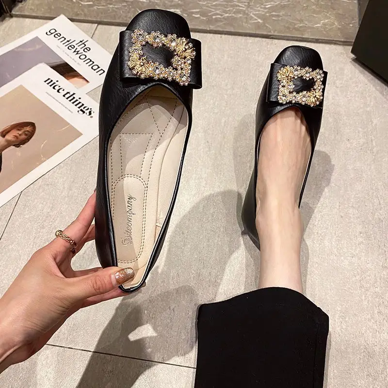 Woman Flats with Crystals Square Toe Rhinestone Shoes for Women Diamond Moccasins Elegant Party Vacation on Promotion Spring E L