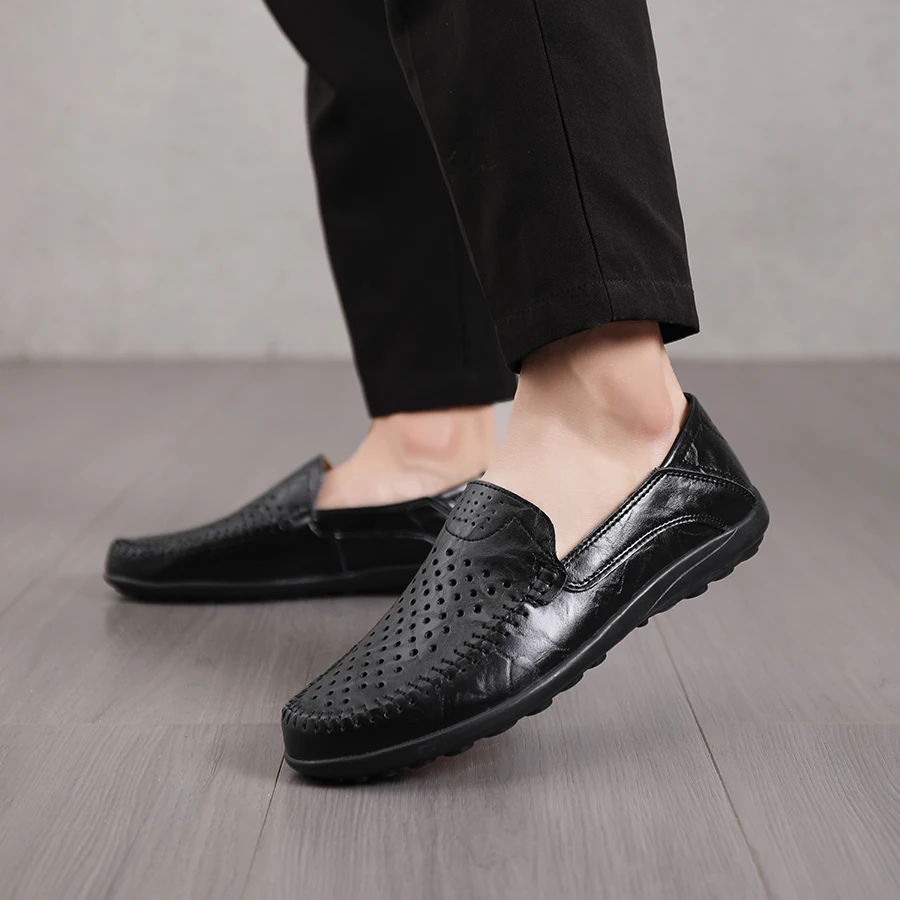 Men's Perforated Leather Loafers Size 47 - Breathable Wide Width Slip-On Shoes Soft Comfortable for Summer Casual Wear