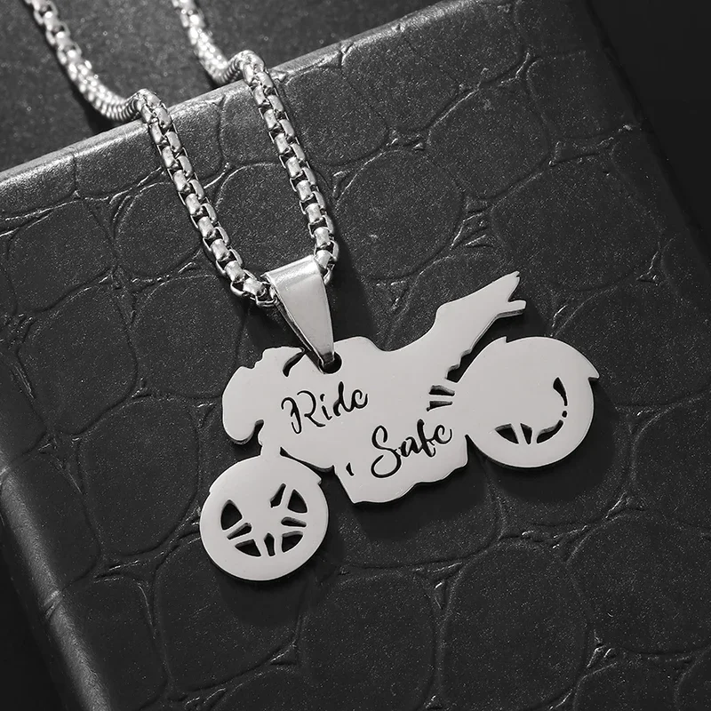 Stainless Steel Glossy Motorcycle Model Pendant Engraved Letters Ride Safe Necklace Men's Fashion Hip Hop Cycling Jewelry