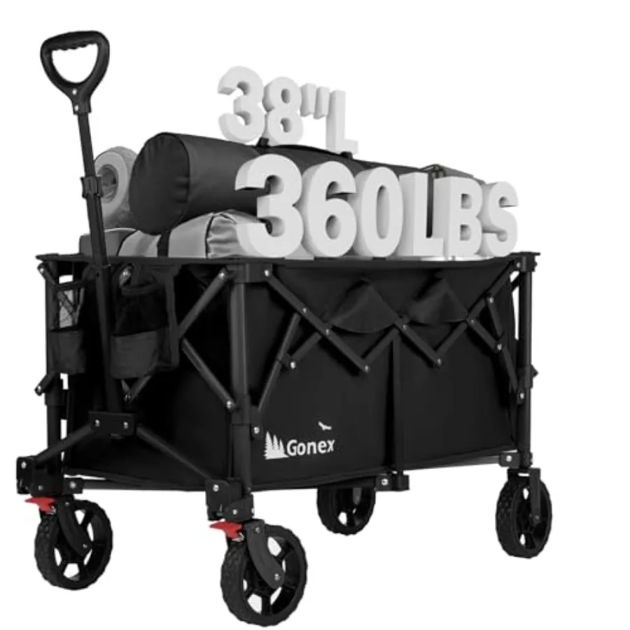 38''L Extra Long Collapsible Foldable Wagon Cart with 360lbs Weight Capacity and 220L Storage Space Detachable Wheels for Versa
