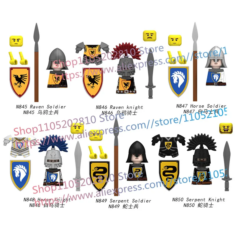 Middeleeuwse kasteel ridder figuren bouwstenen soldaten militie edelman non monnik accessoire staf rozenkrans helm schild kind speelgoed cadeau