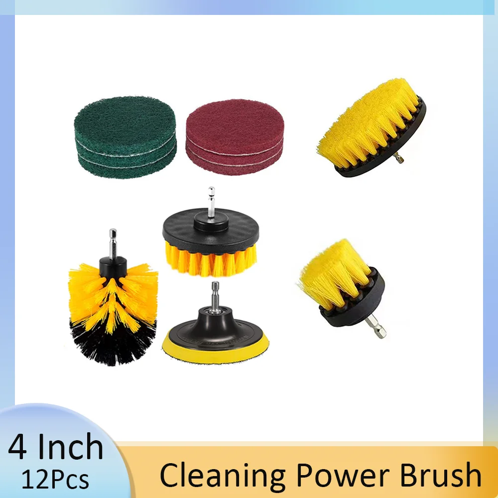 

4 Inch Cleaning Power Brush 12 Pcs include Scouring Pads Clean Brush and Extension Rod for Heavy Duty Car Household Cleaning