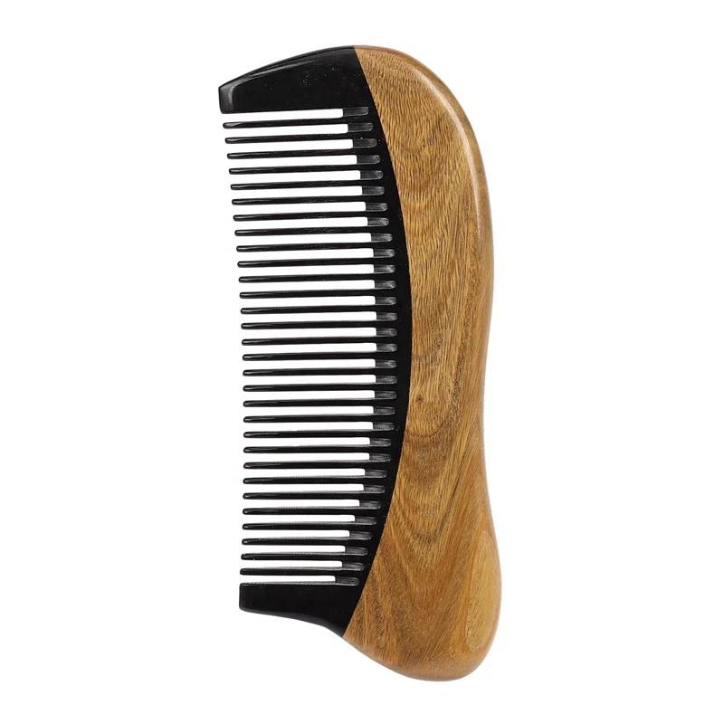 4X Natural Green Sandalwood Hair Comb - No Static Wooden Fine Tooth Black Buffalo Horn Comb (Green Sandalwood)