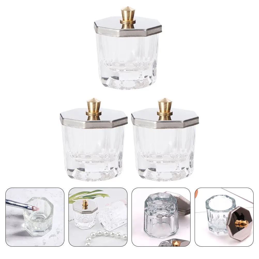 

3Pcs Octagonal Lid Crystal Glass Nail Art Cup Clear Refillable Container for Acrylic Liquid Powder Manicure Nail Art Dish