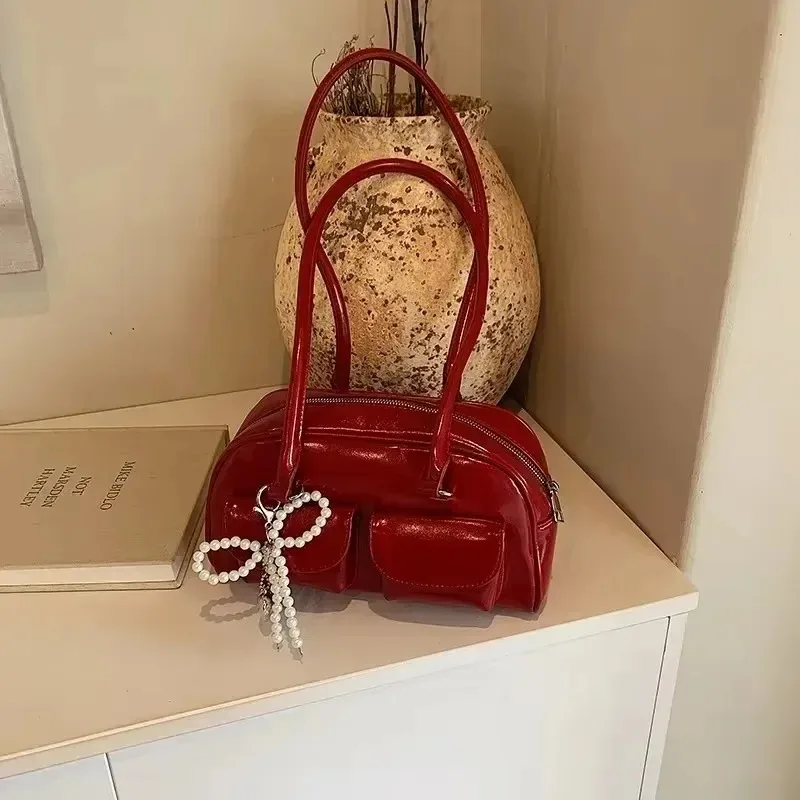 

PU Solid 2025 Hot Sale Bags for Women Sewing Fashion Shoulder Bags Pearl Bow Decoration High Capacity Hand Bags Bolsas Femininas