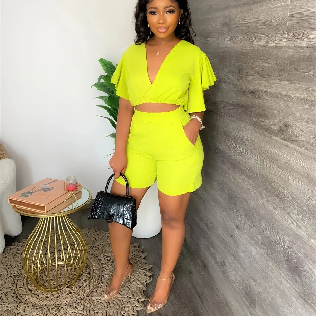 

Two Piece Set Women Summer Short Sets Casual Ruffles Sleeve V-neck African Y2k Tops Shorts Two Piece Pants Suit Beach Vacation