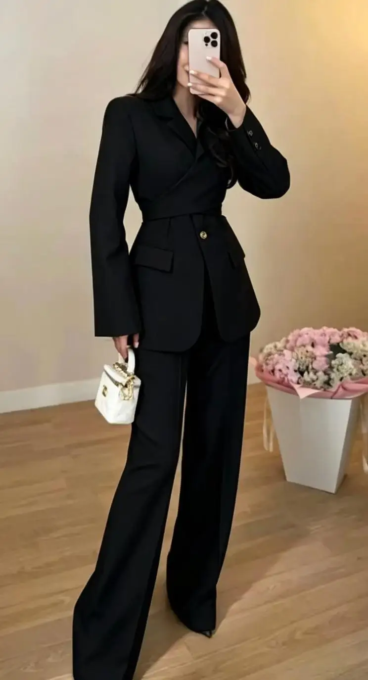 PUAL 2026 Women tailored blazer & flare trousers set, crossover waist design, chic formal work suit