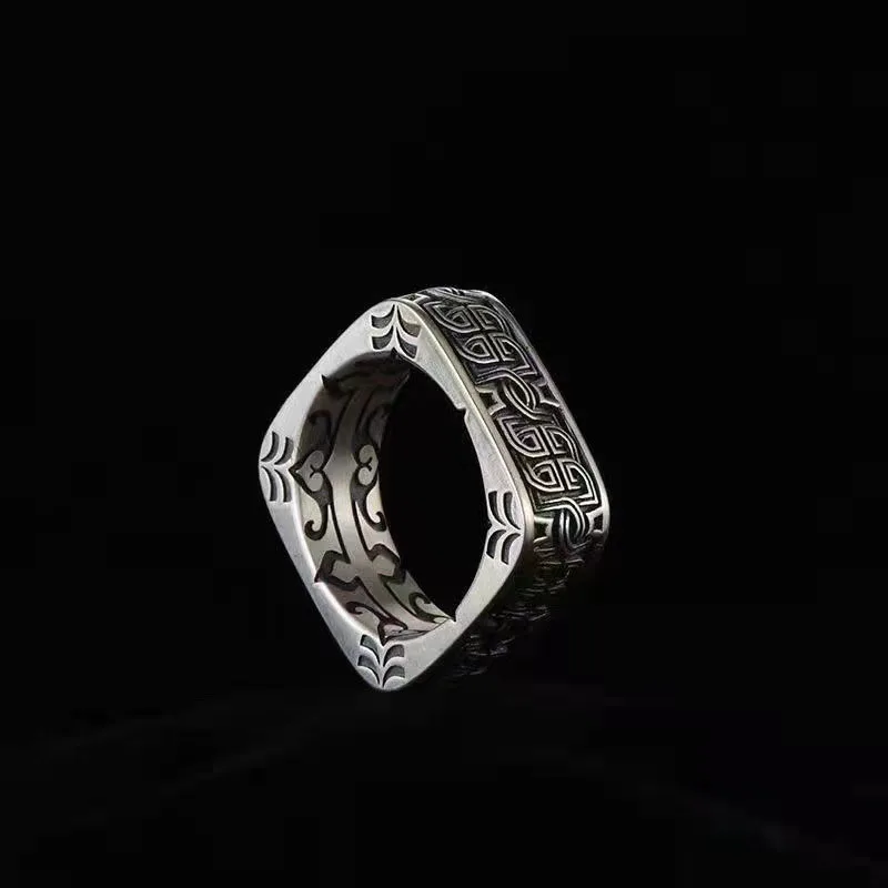 Vintage Square Round Pangu Ring Men's Personality Bully Ring Hip Hop Accessories Fashion Jewelry
