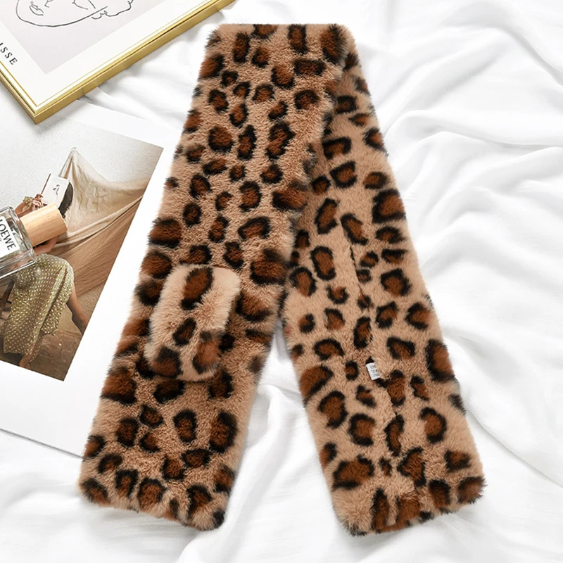 Mode Leopard Schal Schals Winter Warm Verdicken Kreuz Kragen Schal Einfarbig Faux Kaninchen Fell Plüsch Elegante Schal Schals