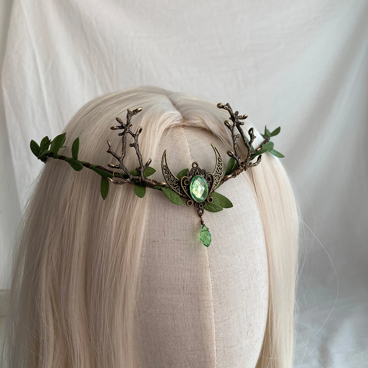 Handmade Enchanted Forest of Leaves Moon Woodland Tiara elf Elven Headpiece Fairy Crown Elvish Tiara with Branches Moon Dragon