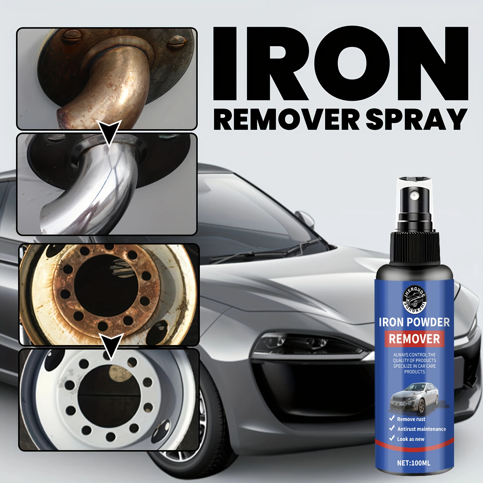 Effective Liquid Rust Remover |   Fast-Acting |   Effective Rust Treatment, Car Care Rust Remover, Protects Paint, Wheels, and Brake Rims, Metal Dust and Iron Powder Remover.