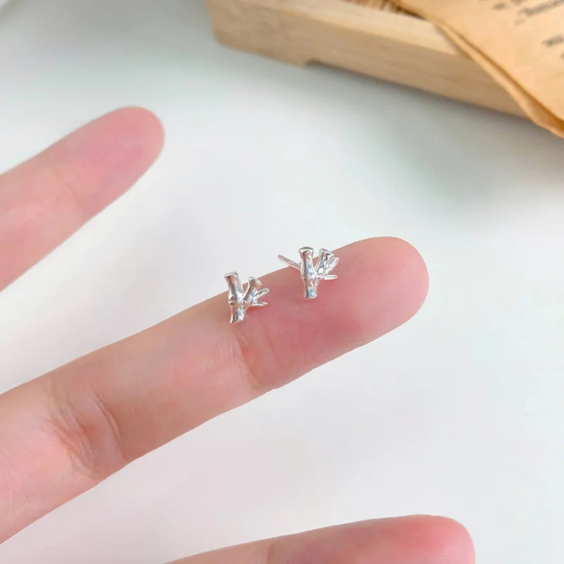 100% 999 Sterling Silver Plant Studs Earrings for Women Girl Fashion Bamboo Joint Geometric Jewelry Party Gift Dropshipping