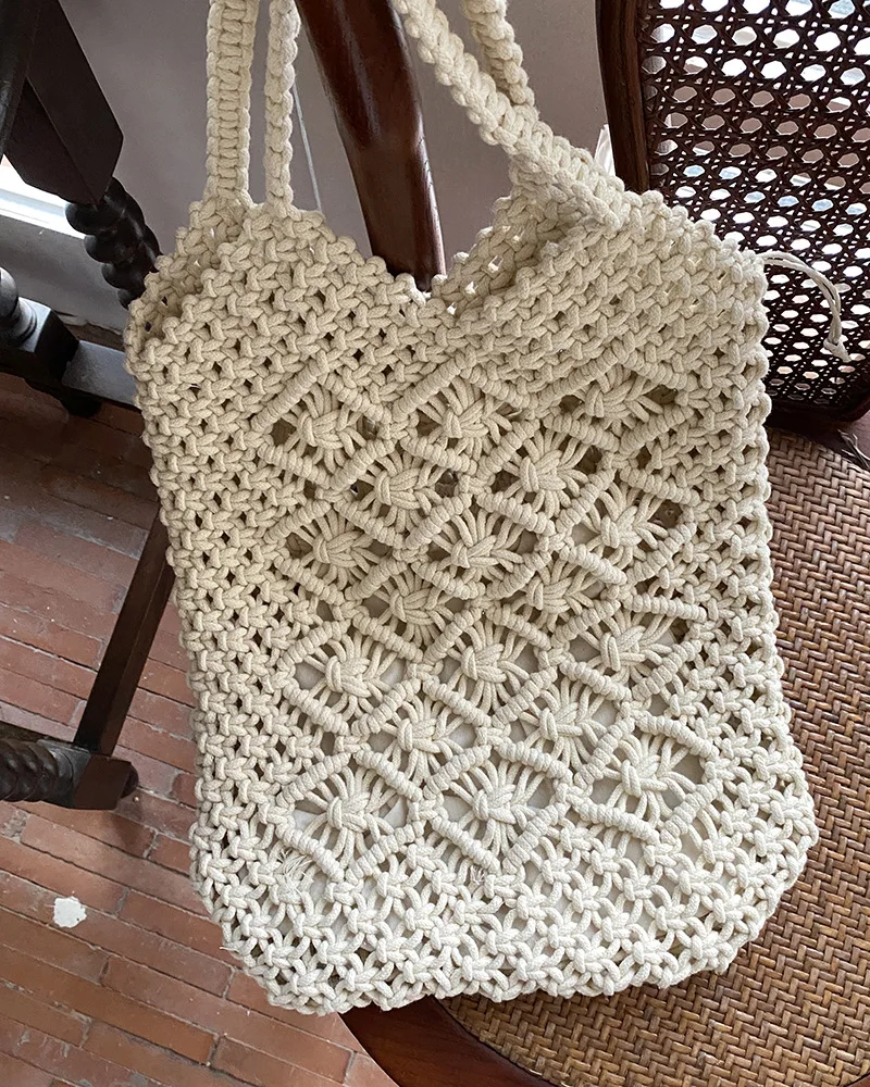 

Женские высококачественные простые полые соломенные сумки ручной работы с завязками, новая модная тканая сумка из хлопковой веревки, летняя пляжная повседневная сумка для отдыха