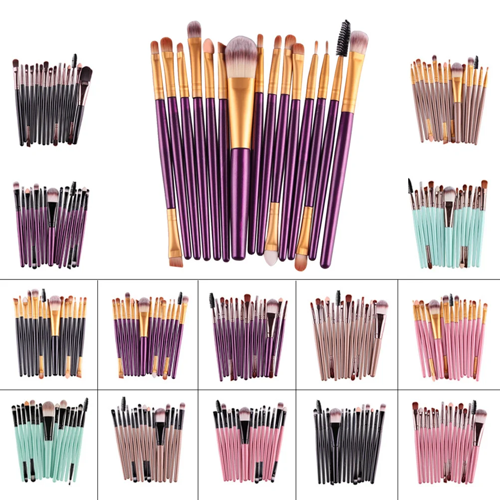 Set di pennelli per trucco professionale da 15 pezzi Setole in nylon morbido Manico in plastica Aspetto naturale per trucco per donna Viola dorato