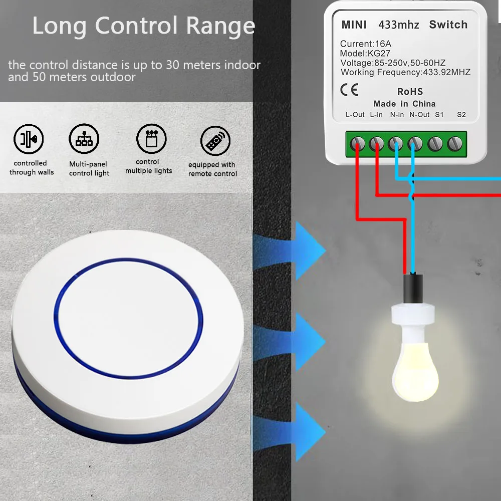 Wireless Light Switch 433mhz Rf Mini Round Push Button Wall Panel Switch 16A 220V Relay Receiver Can Connect Traditional Switch