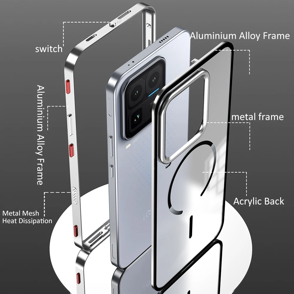 Aluminiumlegierungs-Metallrahmen-Stoßfänger + Acryl-Hülle mit kabelloser Ladefunktion für vivo IQOO 15 und IQOO 15 Ultra.