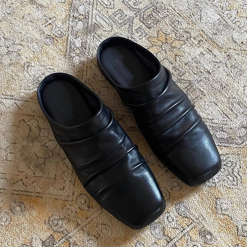 

Folded American Style Square Head Half Slip-On Flat Bottom Trendy Men's And Women's Black Slip-On Leather Shoes R...