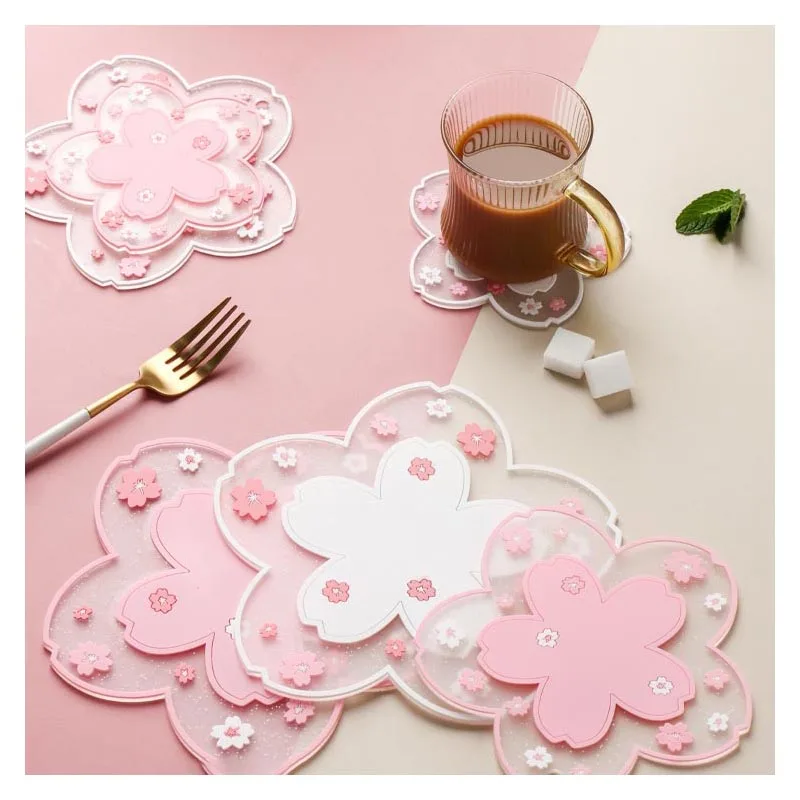 Japanese Sakura Ocean Coasters Table Cup Mat Silicone Non-Slip Coffee Drink Placemat Hot Drink Insulation Pad Kitchen Tools