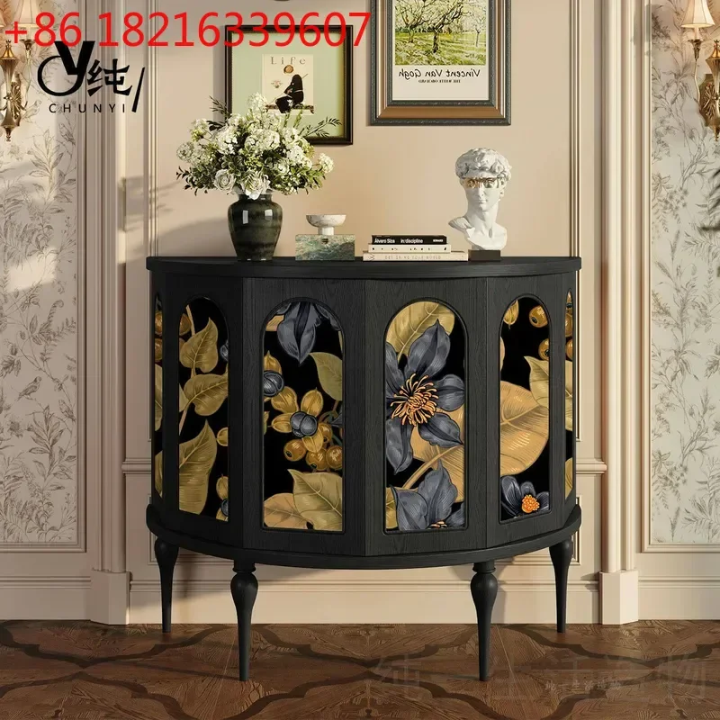 YAOAmerican Style Solid Wood Porch Cabinet Living Room Entrance Hall Storage Decorative Retro Semicircular Hexagonal Cabinet