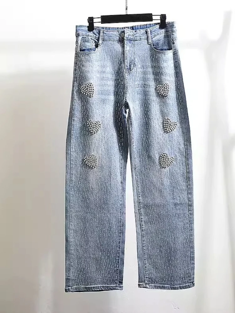 American Style Street Jeans 2026 New Women Slacks Fashion Retro Love Hot Diamond Black Wide Leg Pants High Waist Denim Trousers
