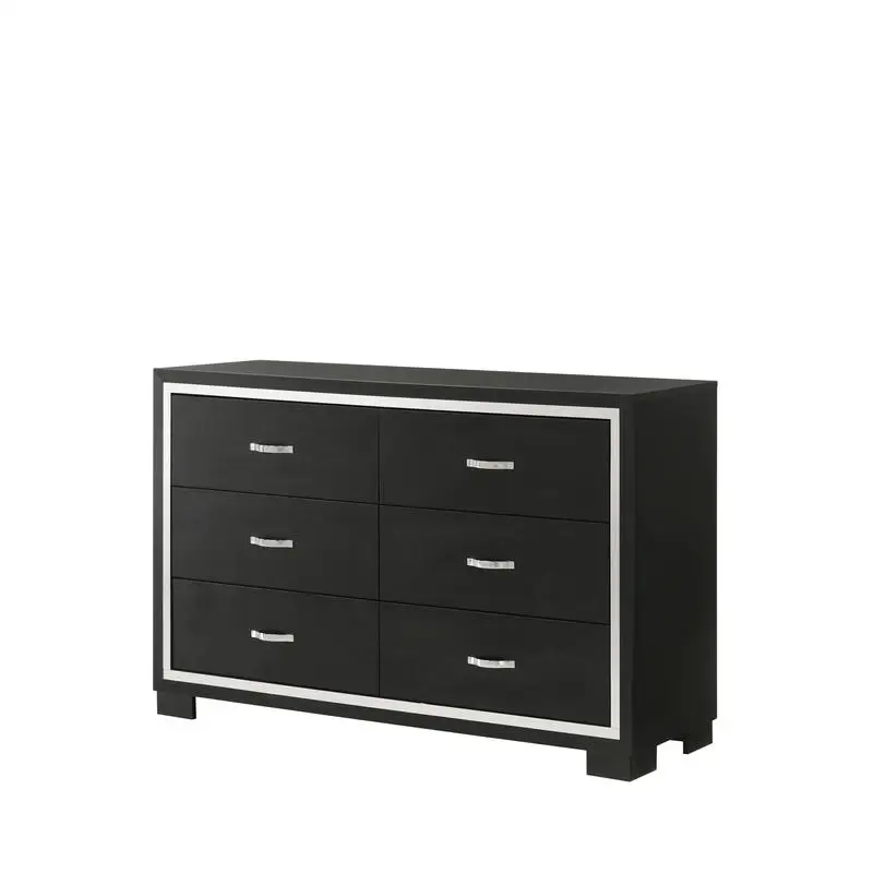 Sleek Black 6-Drawer Dresser with Metal Handles for Bedroom Furniture